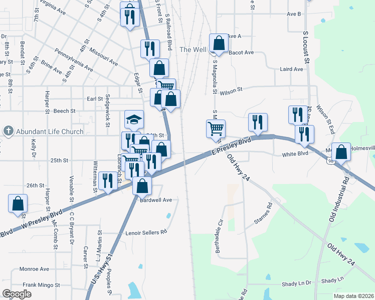 map of restaurants, bars, coffee shops, grocery stores, and more near 114 Nehi Circle in McComb