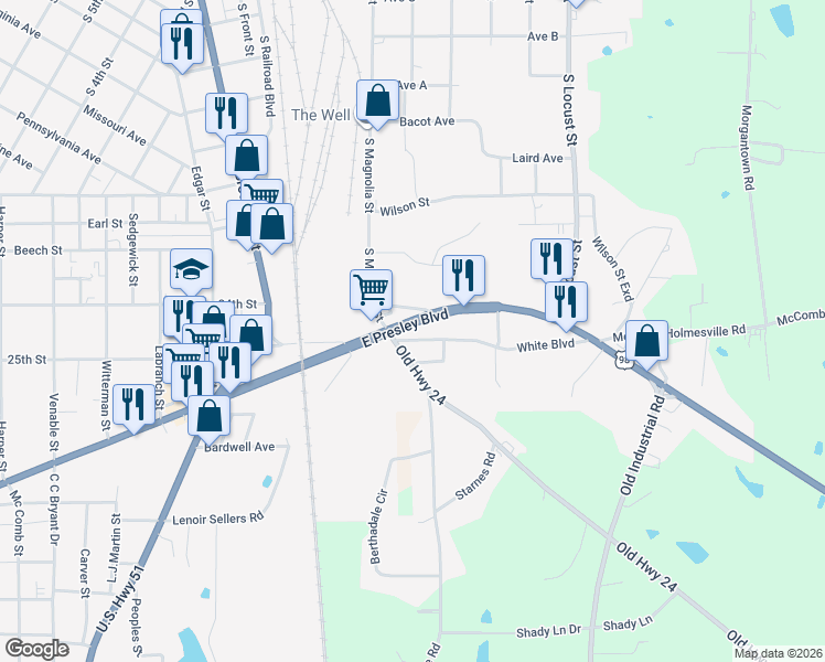 map of restaurants, bars, coffee shops, grocery stores, and more near 1013-1029 Old 24 Highway in McComb