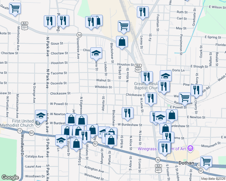 map of restaurants, bars, coffee shops, grocery stores, and more near 517 Blackshear Street in Dothan