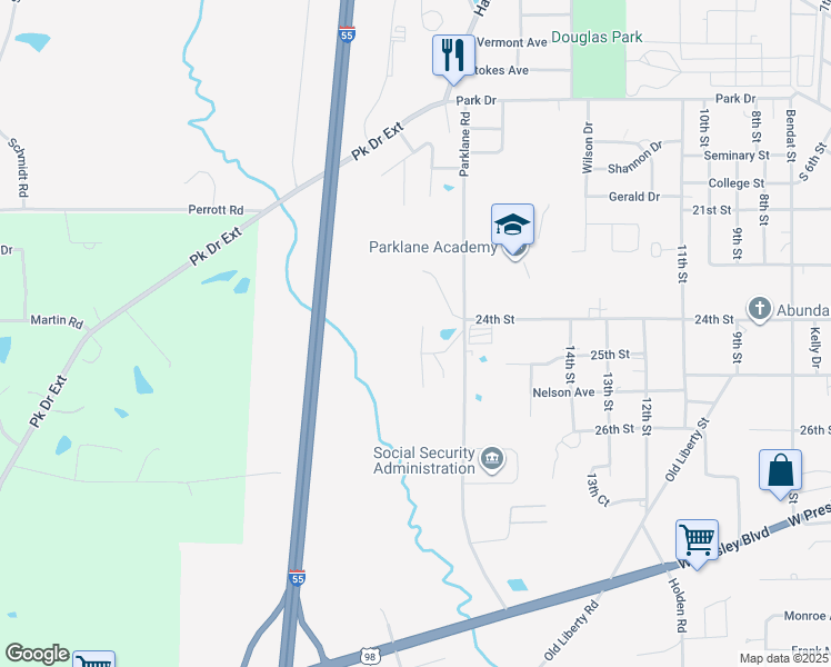 map of restaurants, bars, coffee shops, grocery stores, and more near 1210 Parklane Road in McComb