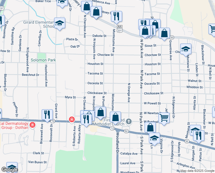 map of restaurants, bars, coffee shops, grocery stores, and more near 1509 Osceola Street in Dothan