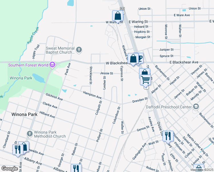 map of restaurants, bars, coffee shops, grocery stores, and more near 1854 Lesher Street in Waycross