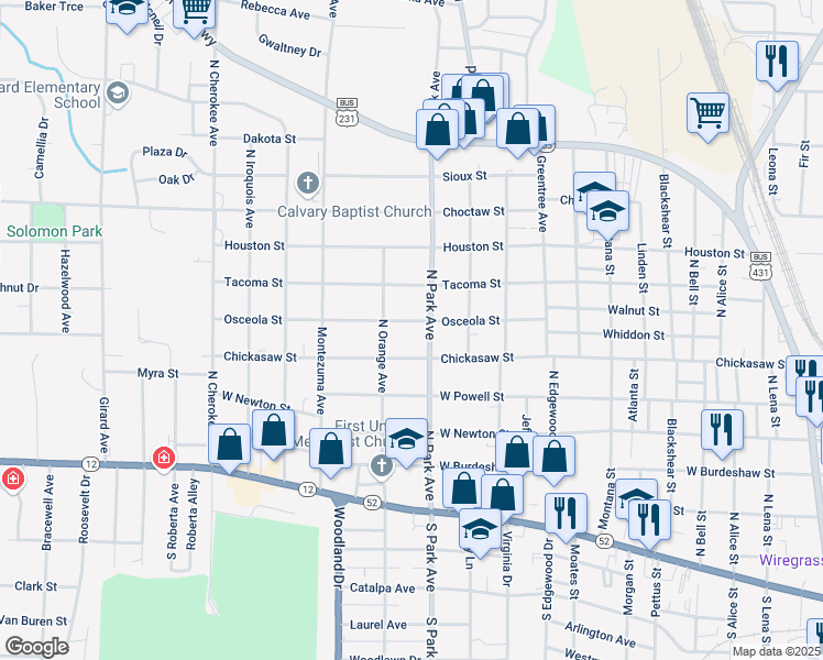 map of restaurants, bars, coffee shops, grocery stores, and more near 1303 Osceola Street in Dothan