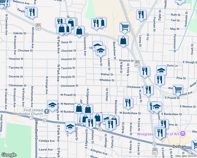 map of restaurants, bars, coffee shops, grocery stores, and more near 806 Whiddon Street in Dothan