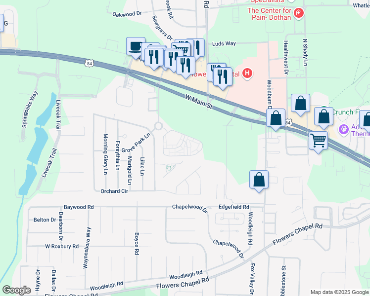 map of restaurants, bars, coffee shops, grocery stores, and more near 101 Raspberry Lane in Dothan