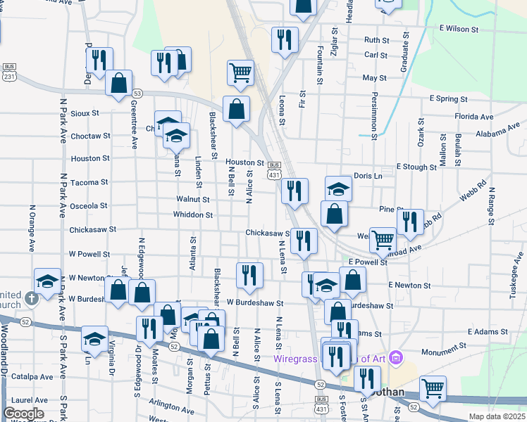 map of restaurants, bars, coffee shops, grocery stores, and more near 722 North Lena Street in Dothan