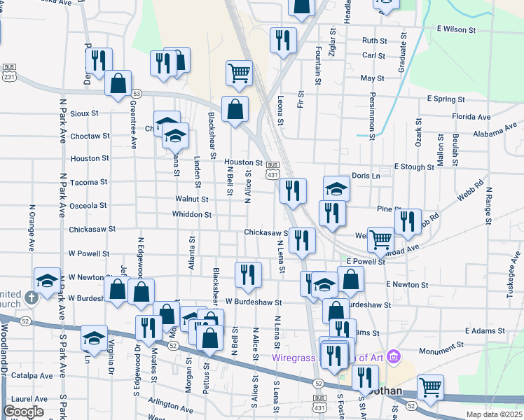map of restaurants, bars, coffee shops, grocery stores, and more near 722 North Lena Street in Dothan