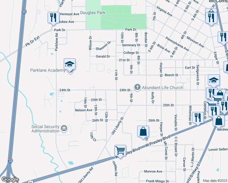 map of restaurants, bars, coffee shops, grocery stores, and more near 1005 24th Street in McComb
