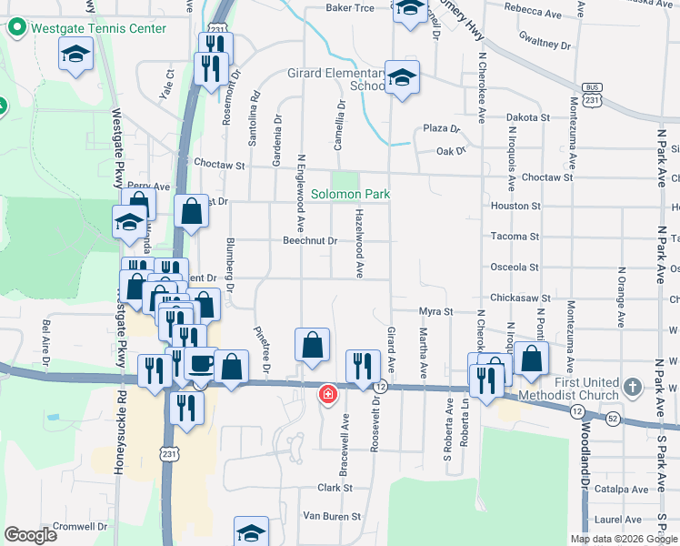 map of restaurants, bars, coffee shops, grocery stores, and more near 201 Hazelwood Avenue in Dothan