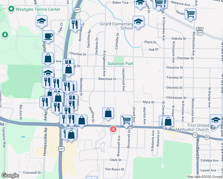 map of restaurants, bars, coffee shops, grocery stores, and more near 300 Kent Dr in Dothan