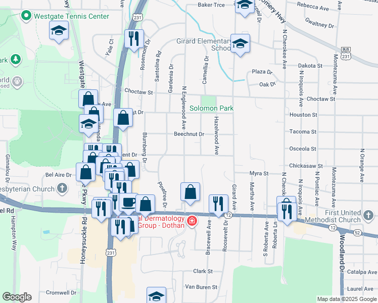 map of restaurants, bars, coffee shops, grocery stores, and more near 200 North Englewood Avenue in Dothan