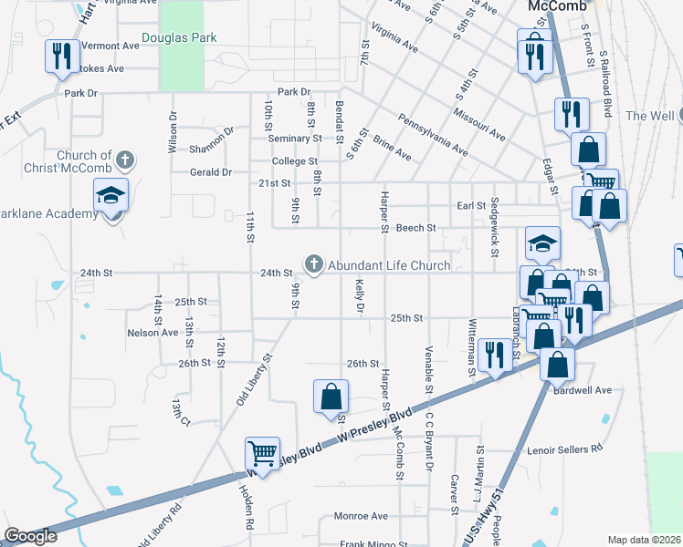 map of restaurants, bars, coffee shops, grocery stores, and more near 24th Street in McComb