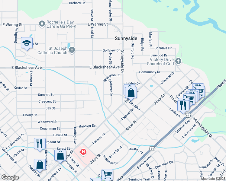 map of restaurants, bars, coffee shops, grocery stores, and more near 2306 Eastover Drive in Waycross