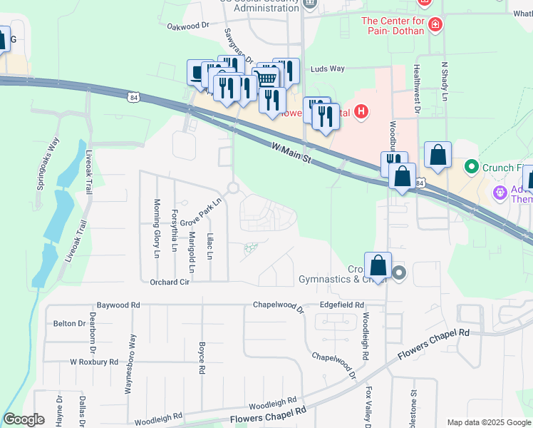map of restaurants, bars, coffee shops, grocery stores, and more near 101 Raspberry Lane in Dothan