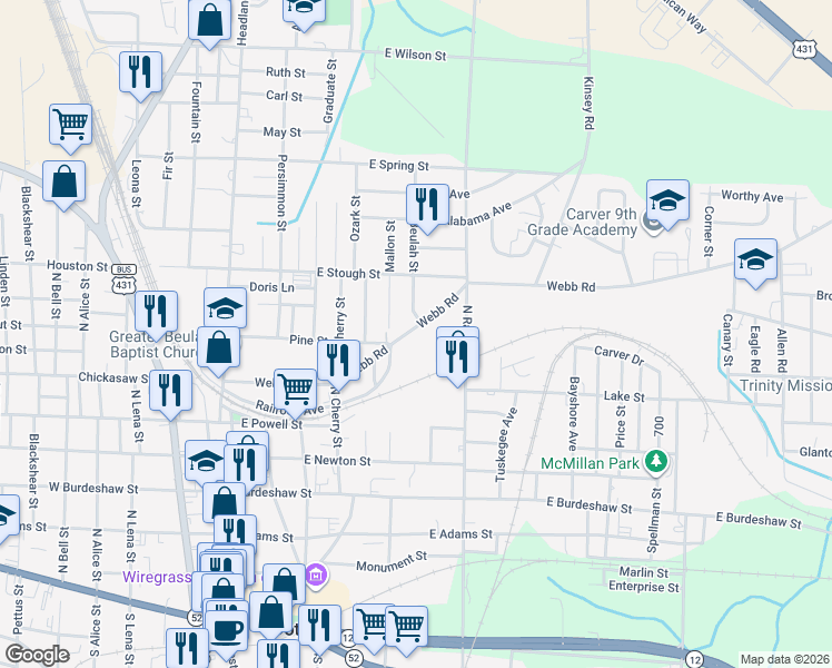map of restaurants, bars, coffee shops, grocery stores, and more near 474 Webb Road in Dothan
