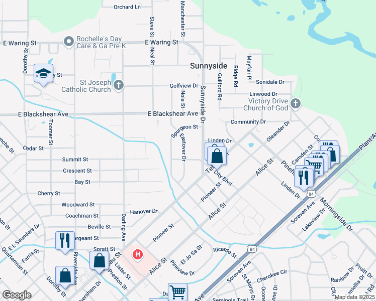 map of restaurants, bars, coffee shops, grocery stores, and more near 2306 Eastover Drive in Waycross