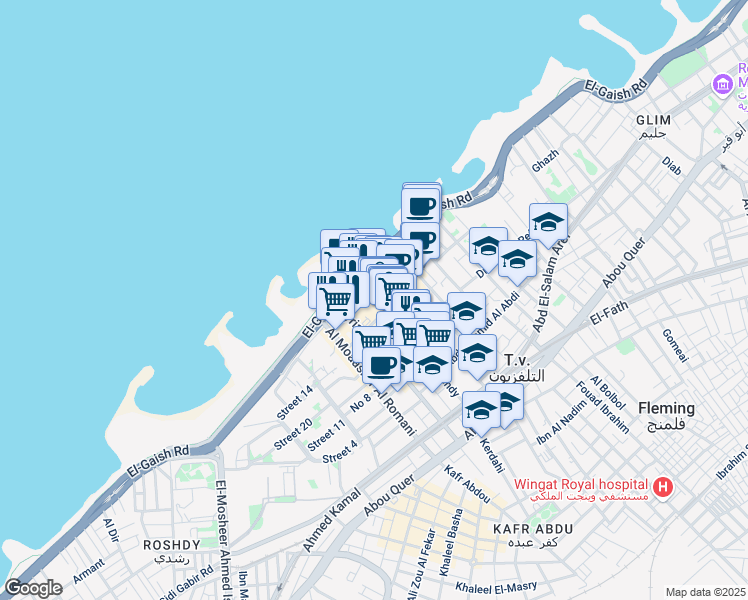 map of restaurants, bars, coffee shops, grocery stores, and more near Syria in Sidi Gaber