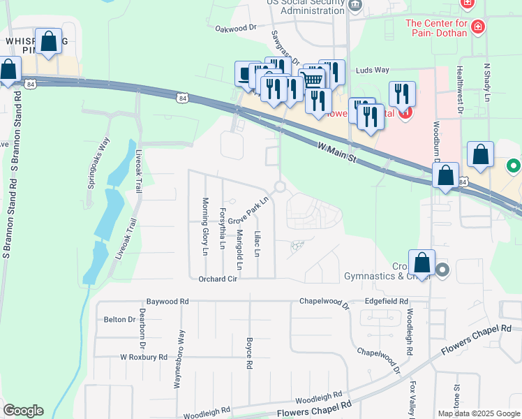 map of restaurants, bars, coffee shops, grocery stores, and more near 505 Grove Park Lane in Dothan