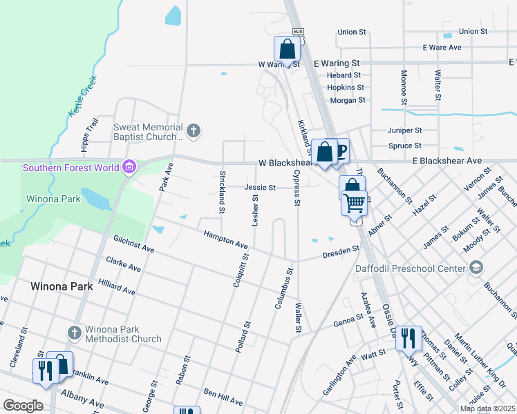map of restaurants, bars, coffee shops, grocery stores, and more near 1854 Lesher Street in Waycross
