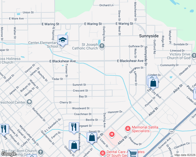 map of restaurants, bars, coffee shops, grocery stores, and more near 600 Summit Street in Waycross