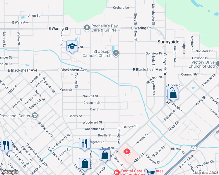 map of restaurants, bars, coffee shops, grocery stores, and more near 600 Summit Street in Waycross