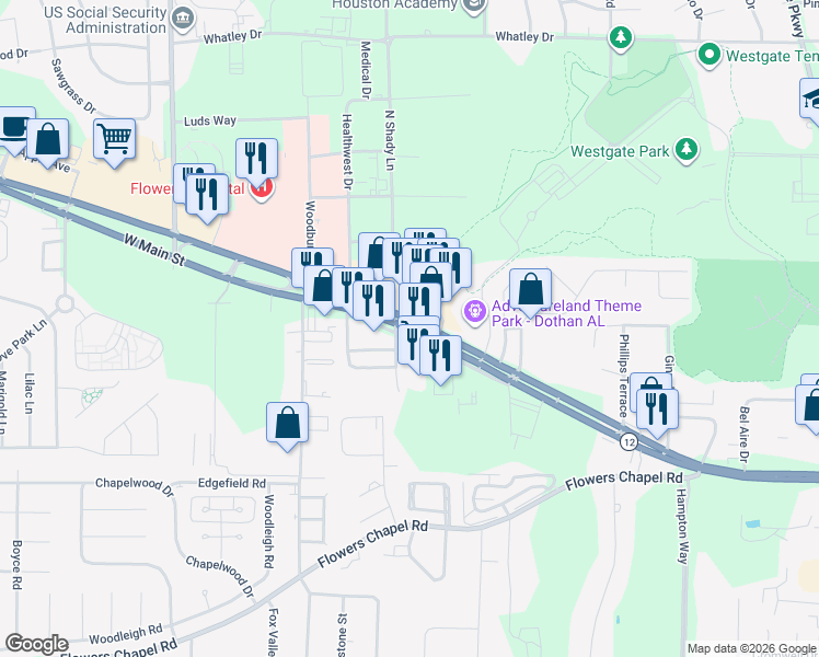 map of restaurants, bars, coffee shops, grocery stores, and more near West Main Street in Dothan