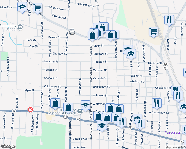 map of restaurants, bars, coffee shops, grocery stores, and more near 650 North Park Avenue in Dothan