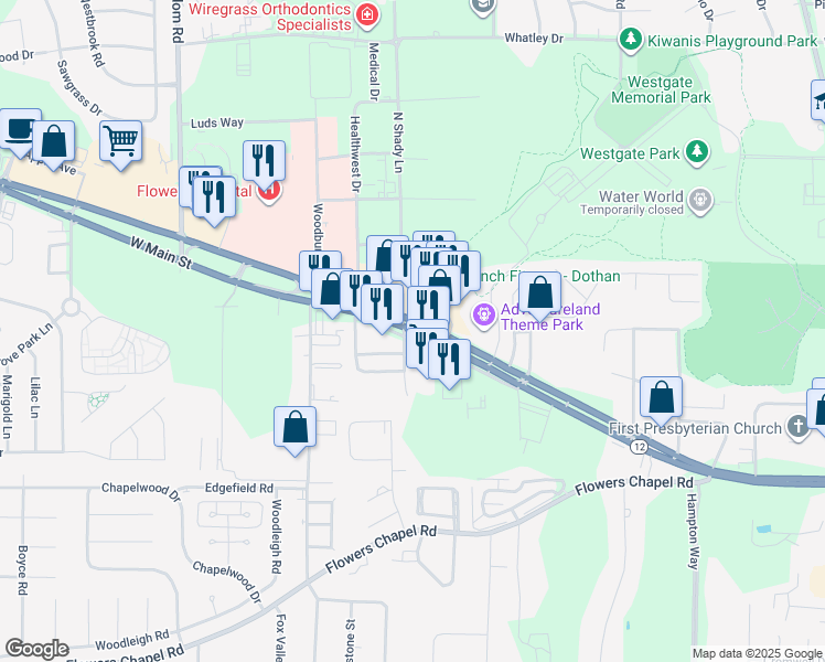 map of restaurants, bars, coffee shops, grocery stores, and more near West Main Street in Dothan