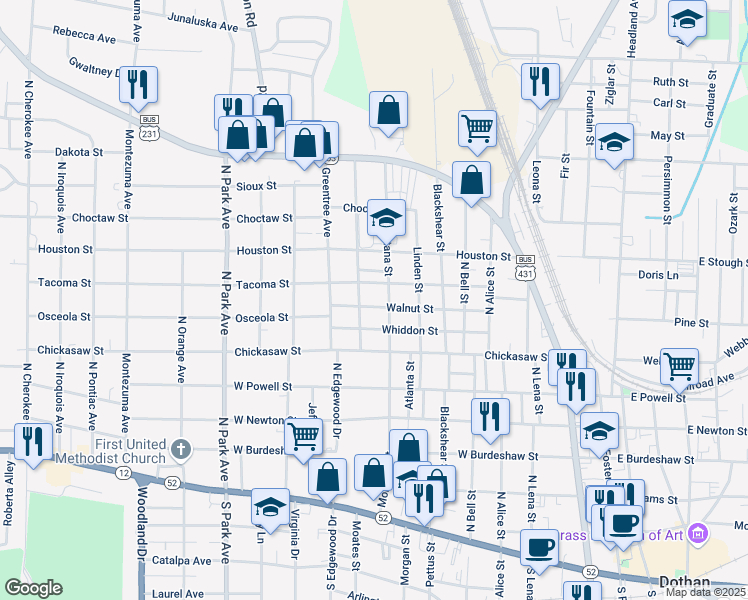 map of restaurants, bars, coffee shops, grocery stores, and more near 806 Whiddon Street in Dothan