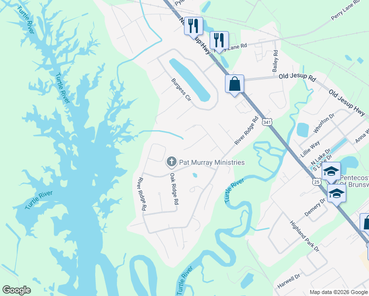 map of restaurants, bars, coffee shops, grocery stores, and more near 111 Creekwood Drive in Brunswick