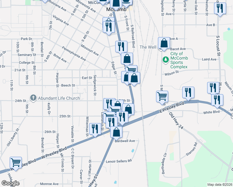 map of restaurants, bars, coffee shops, grocery stores, and more near 801 Edgar Street in McComb