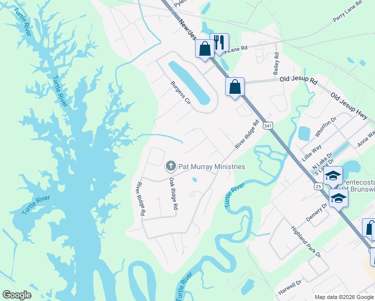 map of restaurants, bars, coffee shops, grocery stores, and more near 111 Creekwood Drive in Brunswick