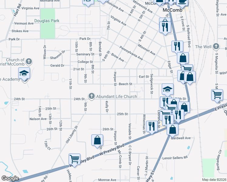 map of restaurants, bars, coffee shops, grocery stores, and more near 719 Beech Street in McComb