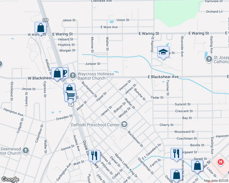 map of restaurants, bars, coffee shops, grocery stores, and more near 1809 Walter Street in Waycross