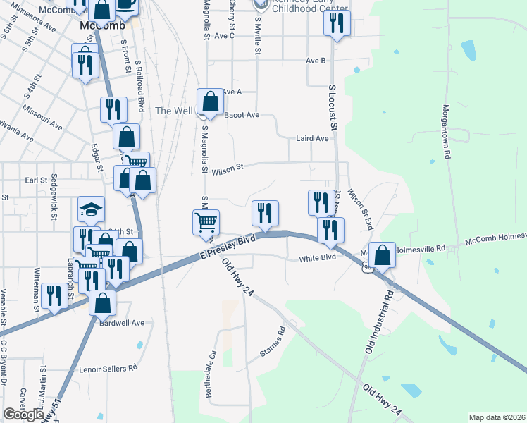 map of restaurants, bars, coffee shops, grocery stores, and more near 730 Vogel Street in McComb
