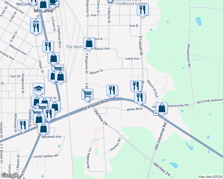 map of restaurants, bars, coffee shops, grocery stores, and more near 730 Vogel Street in McComb