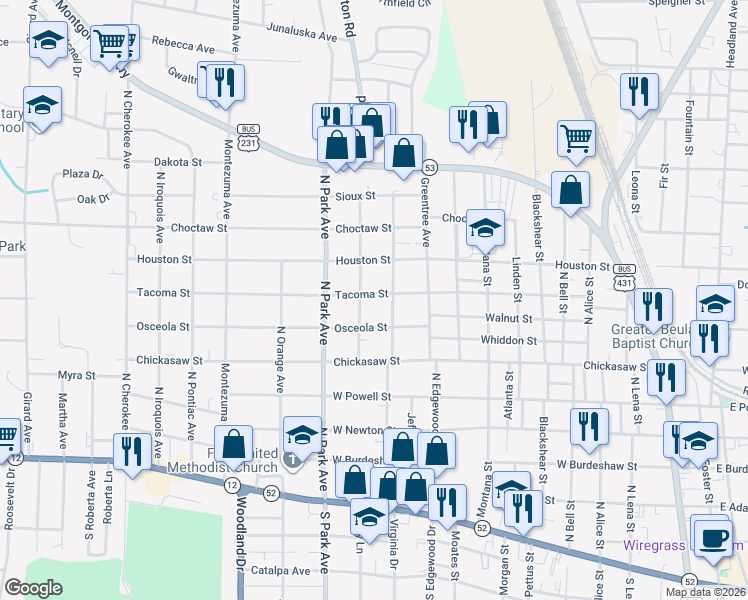 map of restaurants, bars, coffee shops, grocery stores, and more near 1106 Tacoma Street in Dothan