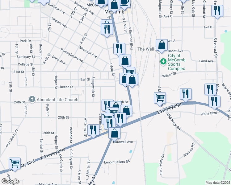 map of restaurants, bars, coffee shops, grocery stores, and more near 801 Edgar Street in McComb