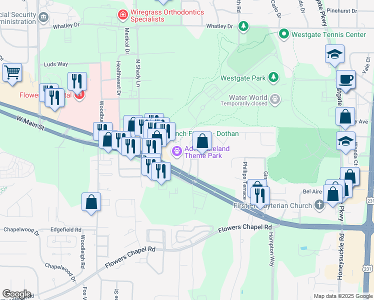 map of restaurants, bars, coffee shops, grocery stores, and more near 206 Hidden Glen Way in Dothan