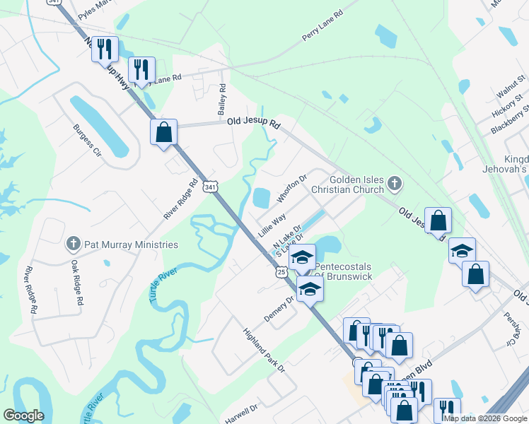 map of restaurants, bars, coffee shops, grocery stores, and more near 100 Whorton Drive in Brunswick