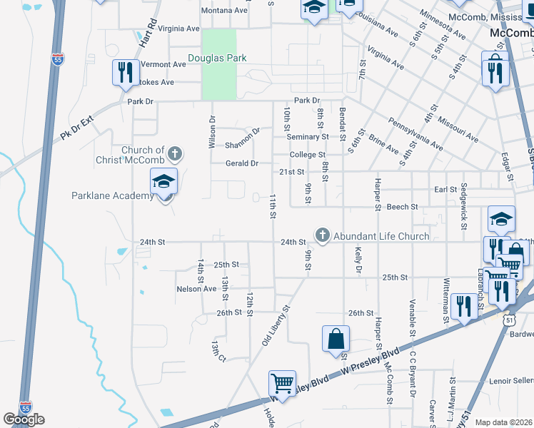 map of restaurants, bars, coffee shops, grocery stores, and more near 532 11th Street in McComb