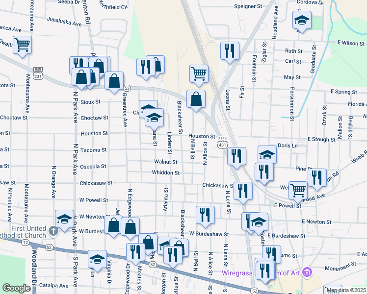 map of restaurants, bars, coffee shops, grocery stores, and more near 906 Blackshear Street in Dothan