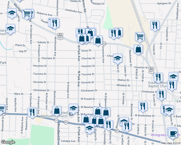 map of restaurants, bars, coffee shops, grocery stores, and more near 1106 Tacoma Street in Dothan