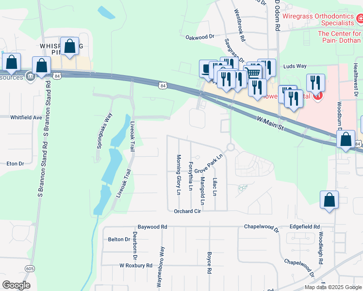 map of restaurants, bars, coffee shops, grocery stores, and more near 103 Morning Glory Lane in Dothan