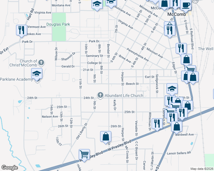 map of restaurants, bars, coffee shops, grocery stores, and more near 1002 Bendat Street in McComb