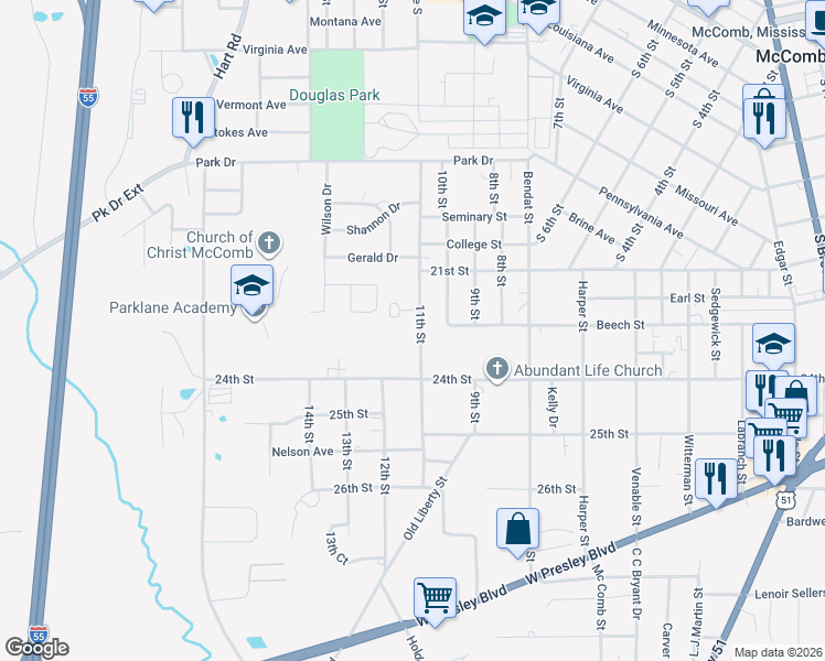 map of restaurants, bars, coffee shops, grocery stores, and more near 532 11th Street in McComb