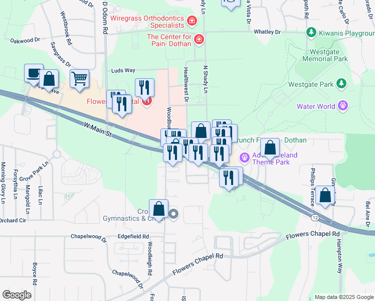 map of restaurants, bars, coffee shops, grocery stores, and more near 100 Healthwest Drive in Dothan