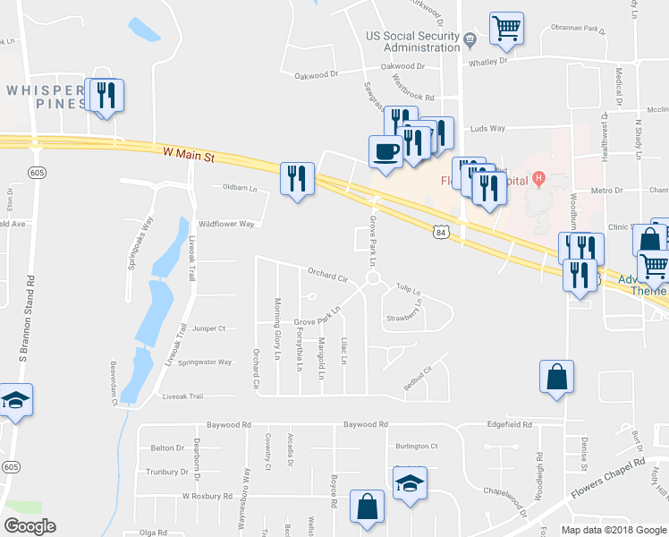 map of restaurants, bars, coffee shops, grocery stores, and more near 110 Orchard Circle in Dothan