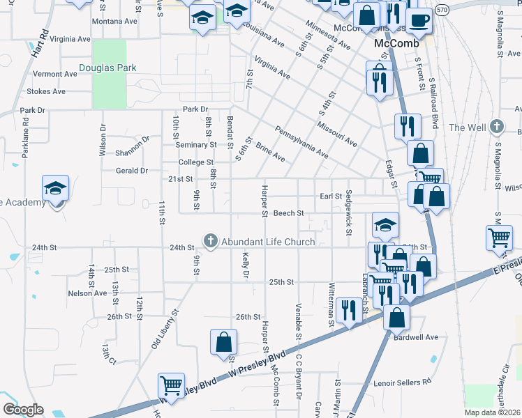 map of restaurants, bars, coffee shops, grocery stores, and more near 719 Beech Street in McComb
