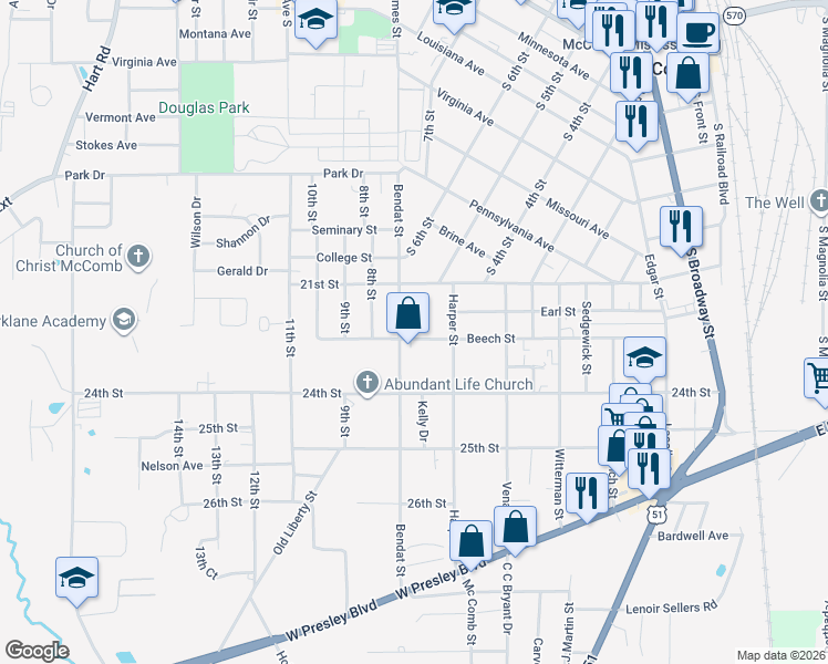 map of restaurants, bars, coffee shops, grocery stores, and more near 1002 Bendat Street in McComb